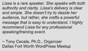 Lissa Duty Speaker Testimonial from Tony Cecala