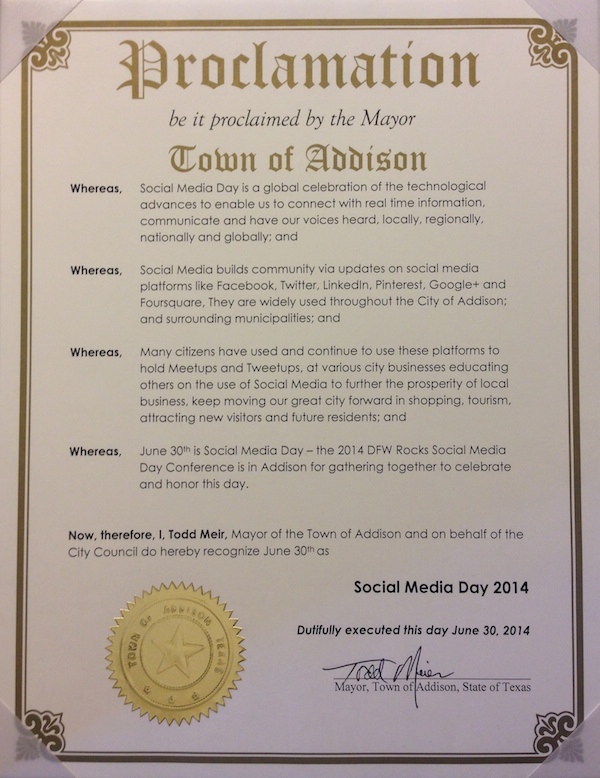 Addison Social Media Day Proclamation 2014, Dallas Social Media Conference